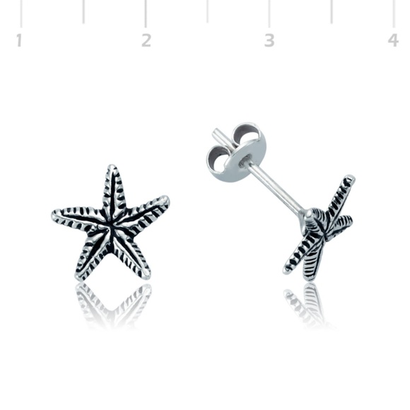 925 Sterling Silver Star Fish 10 mm Stud Earrings - Picture 7 of 7